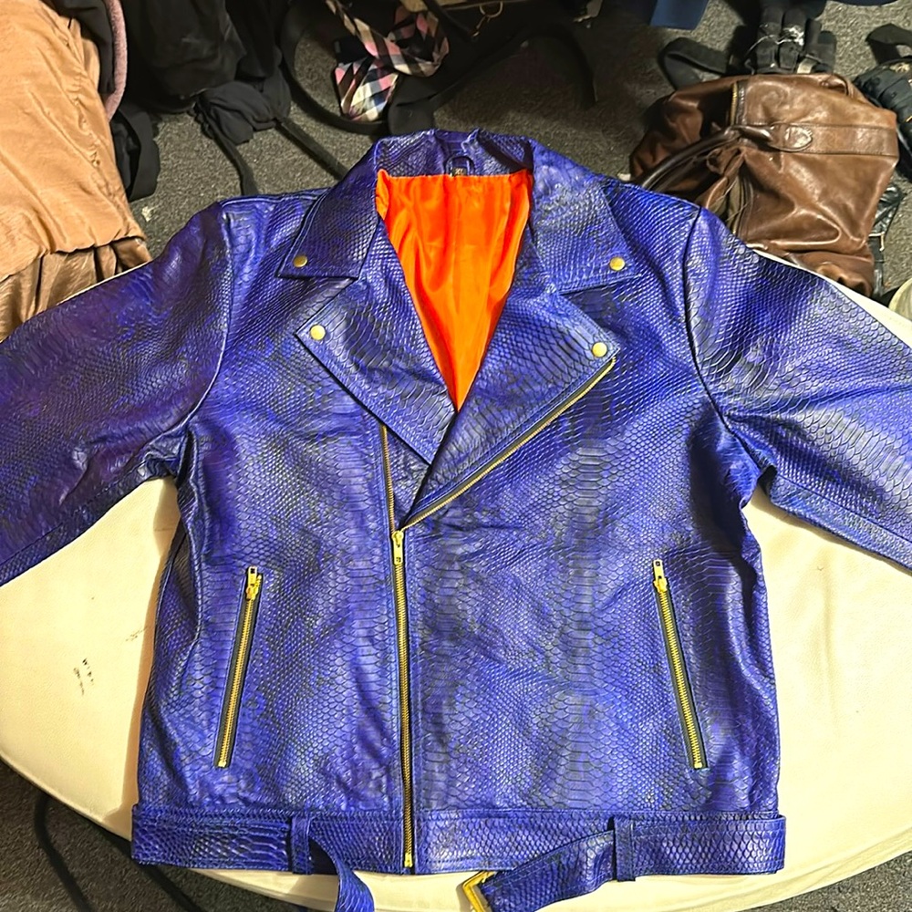 Brand new blue python embossed(synthetic) Pu leather motorcycle jacket! XL